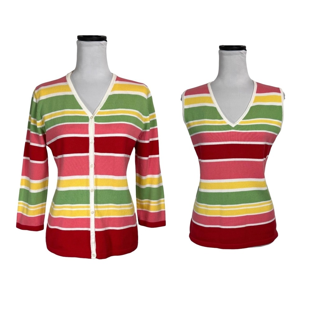 Y2K 90s LizSport Knit Tank Sweater Set Colorful Striped Twinset M L Preppy VTG